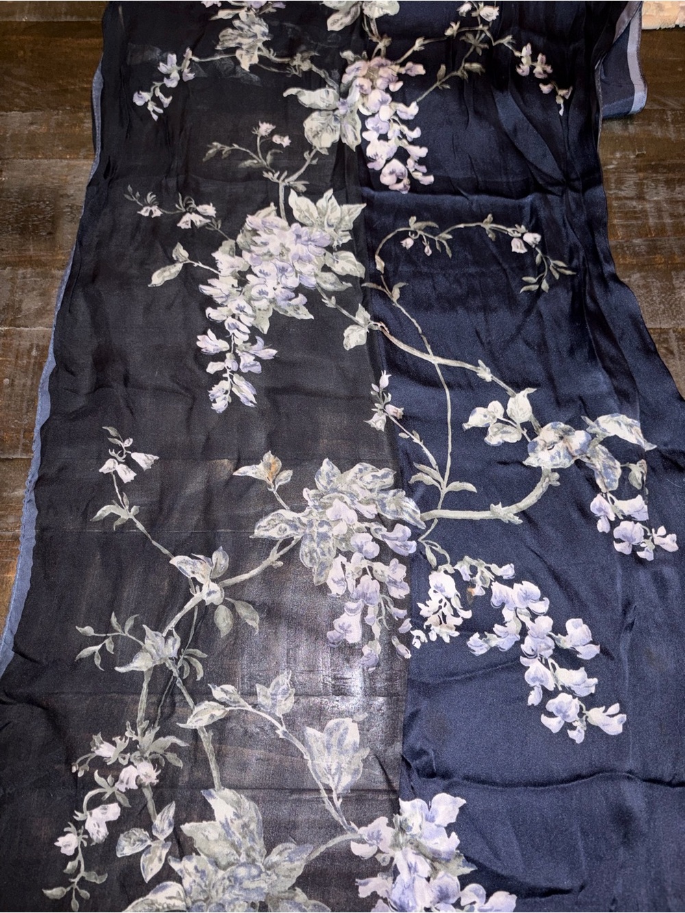 Anne Klein Vintage Floral Print Long Silk Scarf Navy Blue Lavender